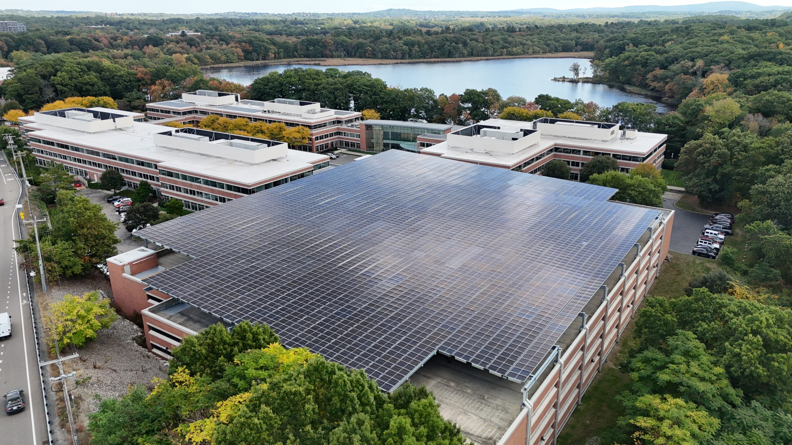 garage with solar panels near office