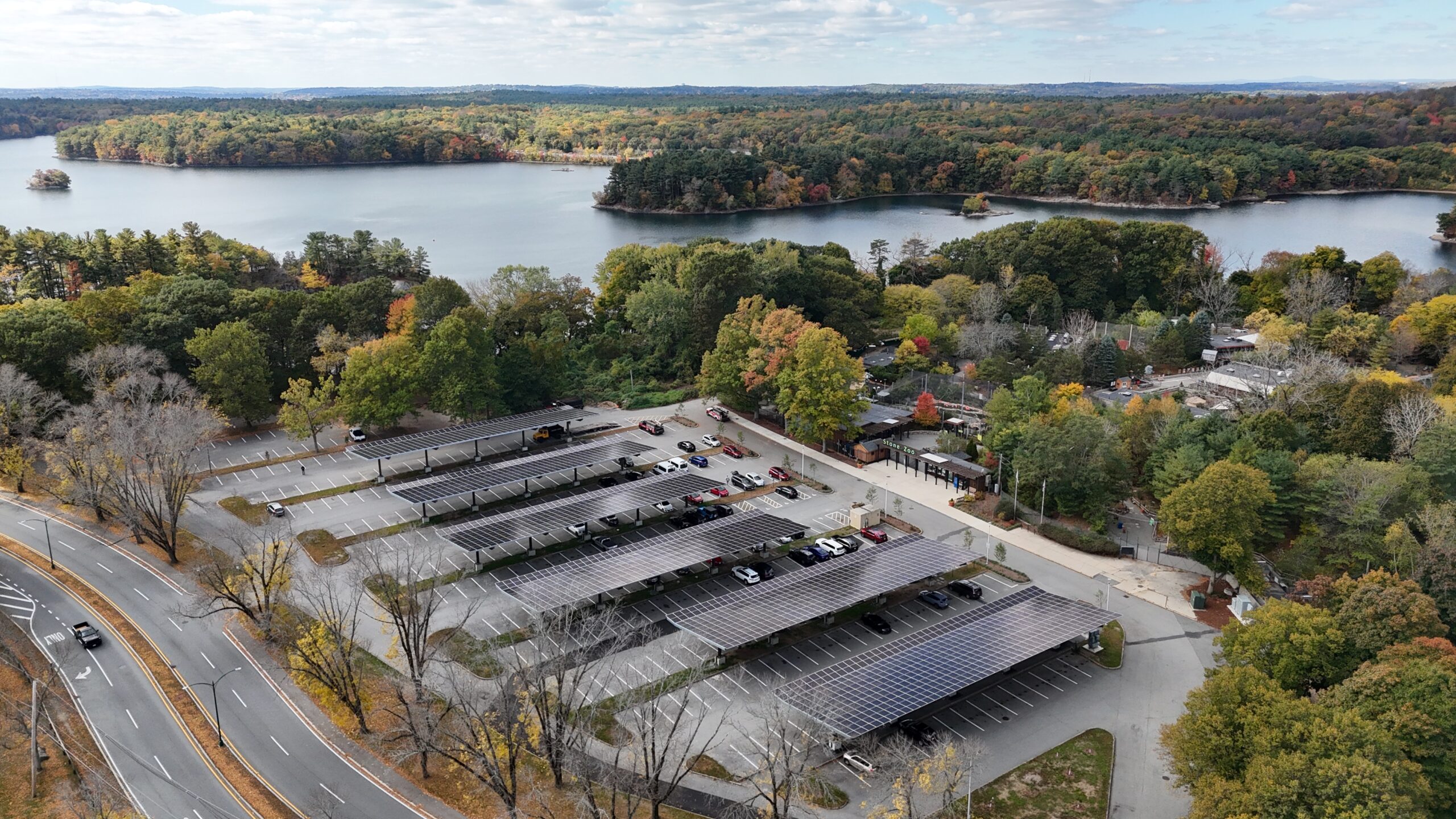 large solar panel parking area by town zoo