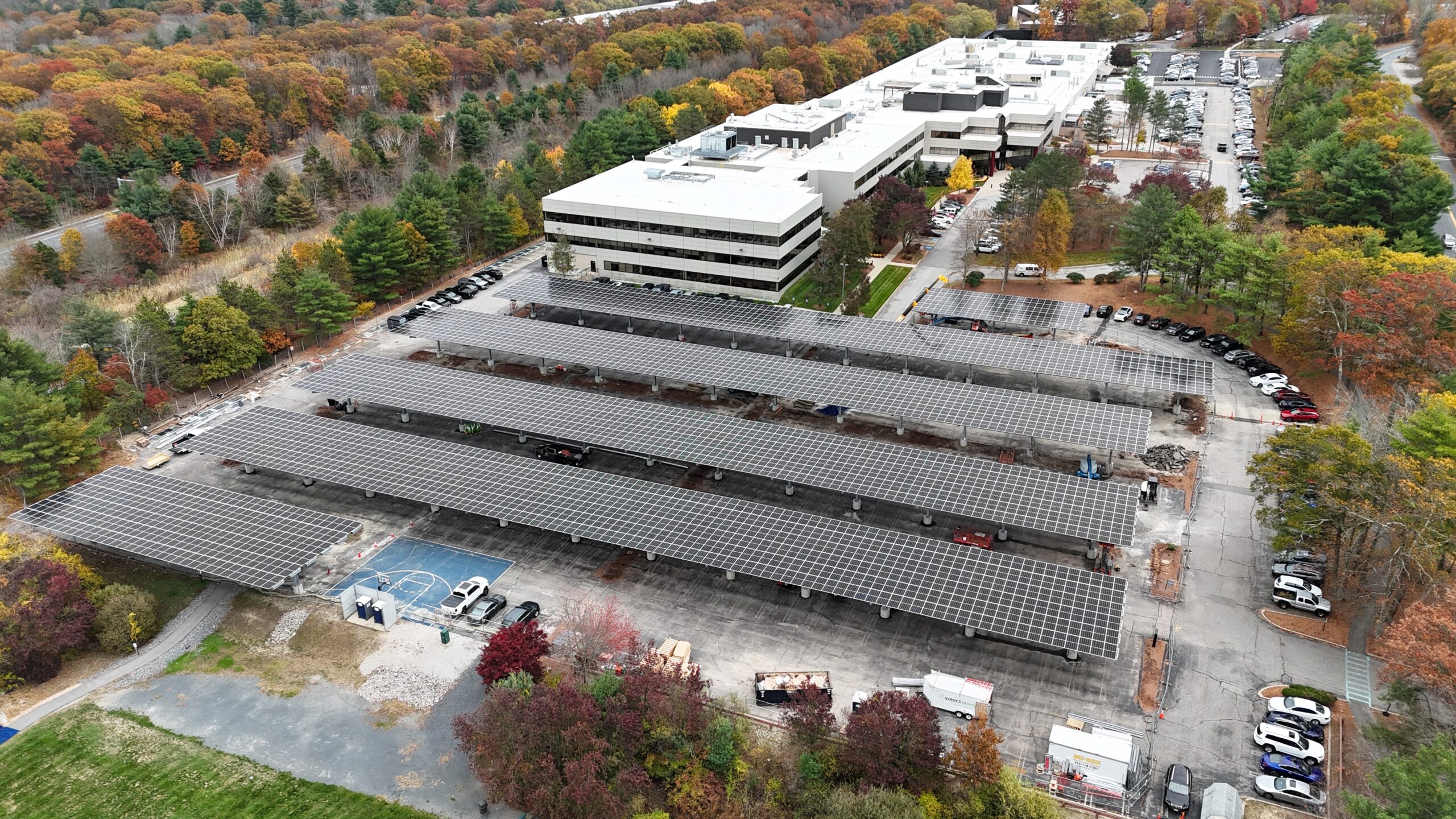 corporate building with solar parking lot